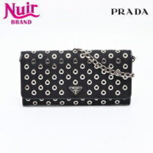 Prada nylon leather triangle logo punched chain Long wallet black